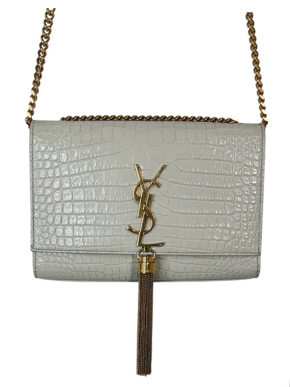 Saint Laurent YSL Kate Croc Embossed Leather Tassel Chain Bag